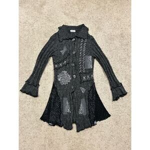 Vintage Ania A Size L Cardigan Duster Wool Blend Patchwork Y2K Button Close E24